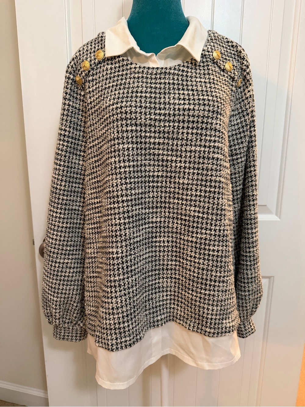 Karl Lagerfeld Black & Cream Houndstooth Buttons Pullover Faux Layered Sz XL